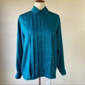 Vintage 80's Teal Floral Brocade Pleated Blouse